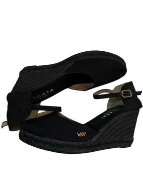 Viscata Barcelona Black Espadrille Wedge Sandals with Ankle Strap Size 10